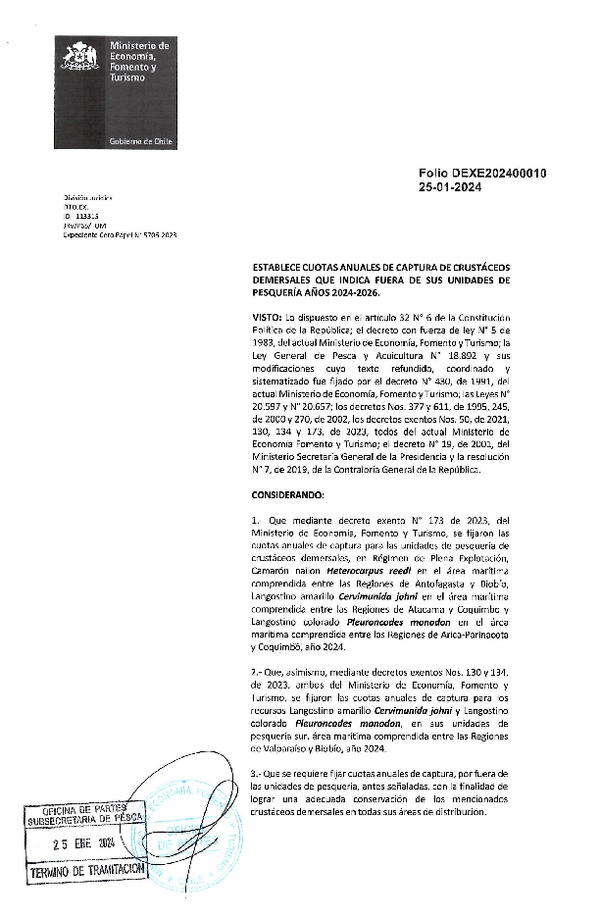 Dec. Ex. Folio 202400010 Establece Cuotas Anuales de Captura de Crustáceos Demersales que Indica, Fuera de sus Unidades de Pesquería, Años 2024-2026. (Publicado en Página Web 25-01-2024)