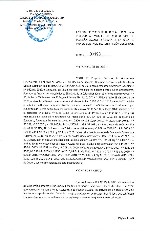 Res. Ex N° 00198-2024, Aprueba proyecto técnico y autoriza para realizar actividades de Acuicultura de Pequeña Escala Experimental en área de Manejo Bonifacio Sector B, Región de Los Ríos. (Publicado en Página Web 26-01-2024).