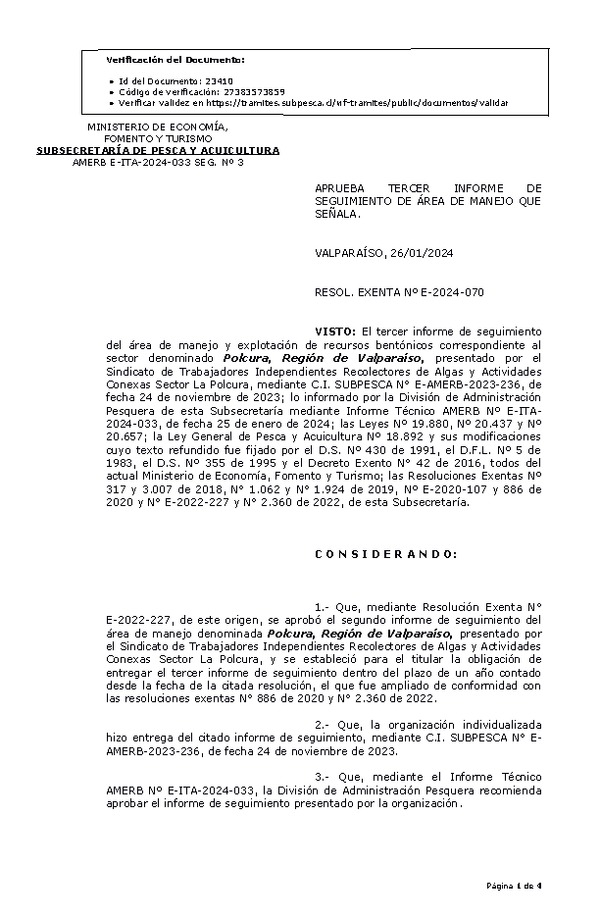 RESOL. EXENTA Nº E-2024-070 Aprueba 3° seguimiento. (Publicado en Página Web 29-01-2024)