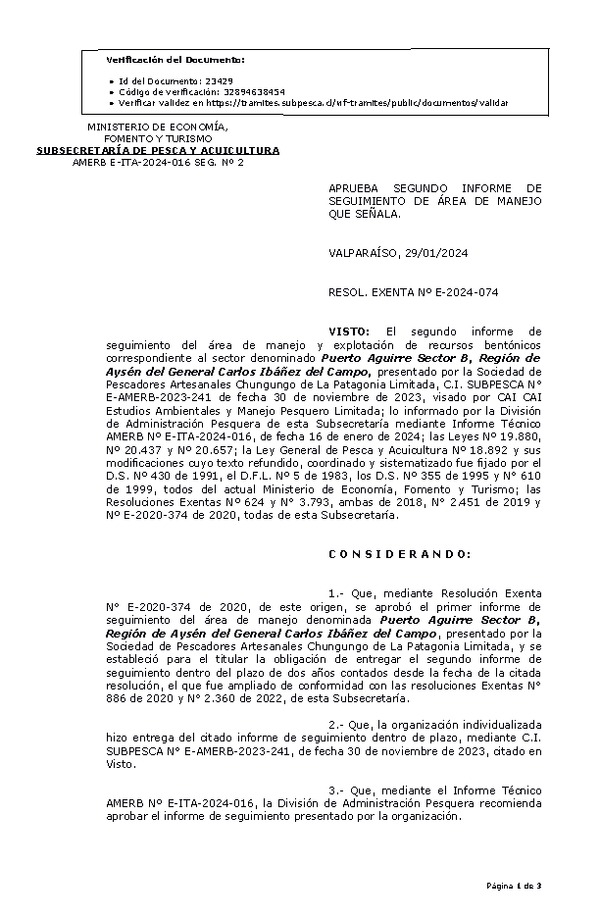 RESOL. EXENTA Nº E-2024-074 Aprueba 2° seguimiento. (Publicado en Página Web 29-01-2024)