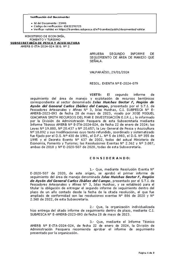 RESOL. EXENTA Nº E-2024-079 Aprueba 2° seguimiento. (Publicado en Página Web 29-01-2024)