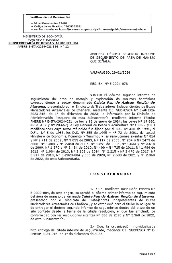 RESOL. EXENTA Nº E-2024-078 Aprueba 12° seguimiento. (Publicado en Página Web 29-01-2024)