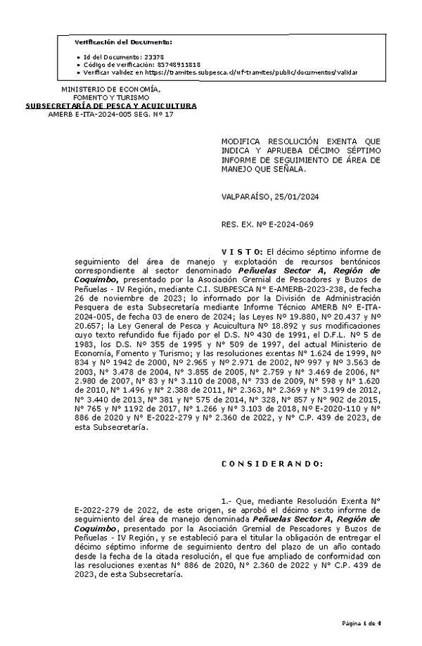 RESOL. EXENTA Nº E-2024-069 Modifica resolución que indica, Aprueba 17° Seguimiento. (Publicado en Página Web 29-01-2024)