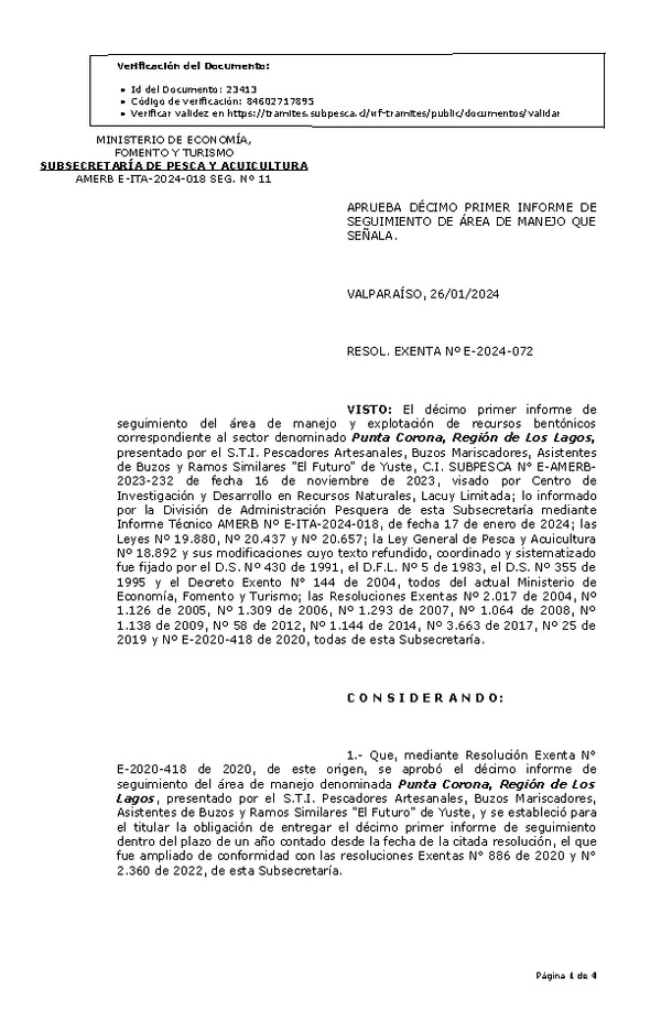 RESOL. EXENTA Nº E-2024-072 Aprueba 11° Seguimiento. (Publicado en Página Web 29-01-2024)