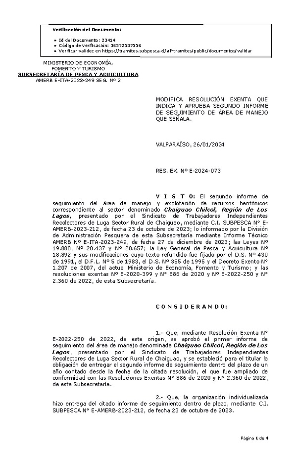 RESOL. EXENTA Nº E-2024-073 Modifica resolución que indica, Aprueba 2° Seguimiento. (Publicado en Página Web 29-01-2024)