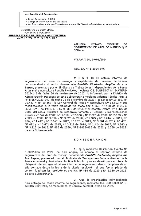 RESOL. EXENTA Nº E-2024-075 Aprueba 8° Seguimiento. (Publicado en Página Web 29-01-2024)