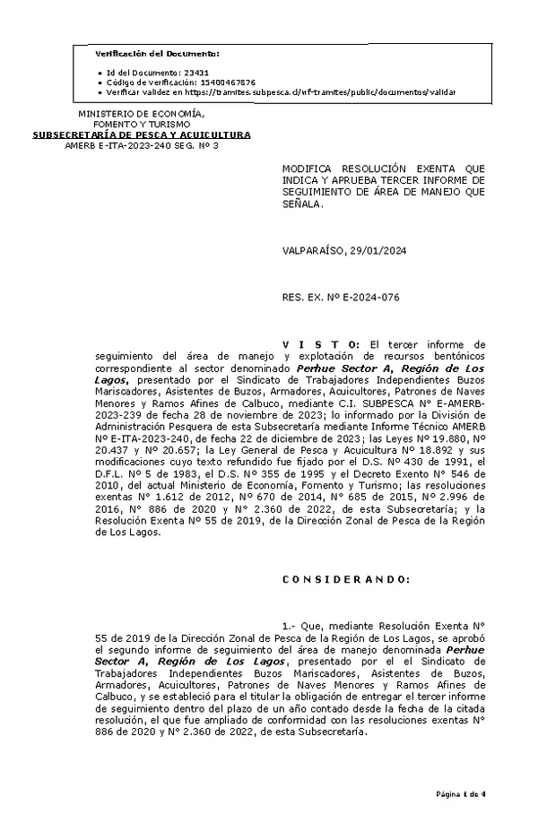 RESOL. EXENTA Nº E-2024-076 Modifica resolución que indica, Aprueba 3° Seguimiento. (Publicado en Página Web 29-01-2024)