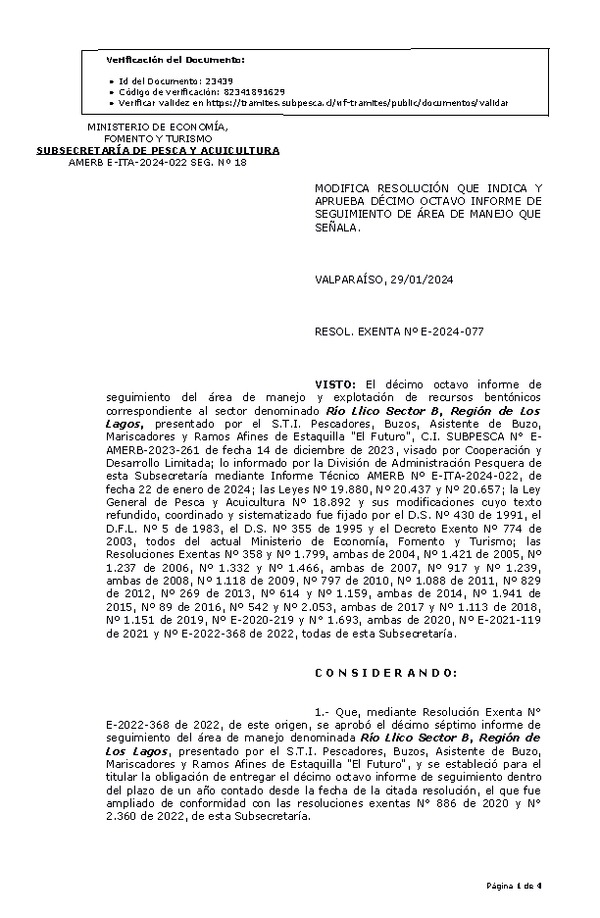 RESOL. EXENTA Nº E-2024-077 Modifica resolución que indica, Aprueba 18° Seguimiento. (Publicado en Página Web 29-01-2024)