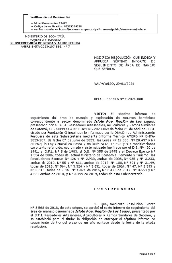 RESOL. EXENTA Nº E-2024-080 Modifica resolución que indica, Aprueba 7° Seguimiento. (Publicado en Página Web 29-01-2024)