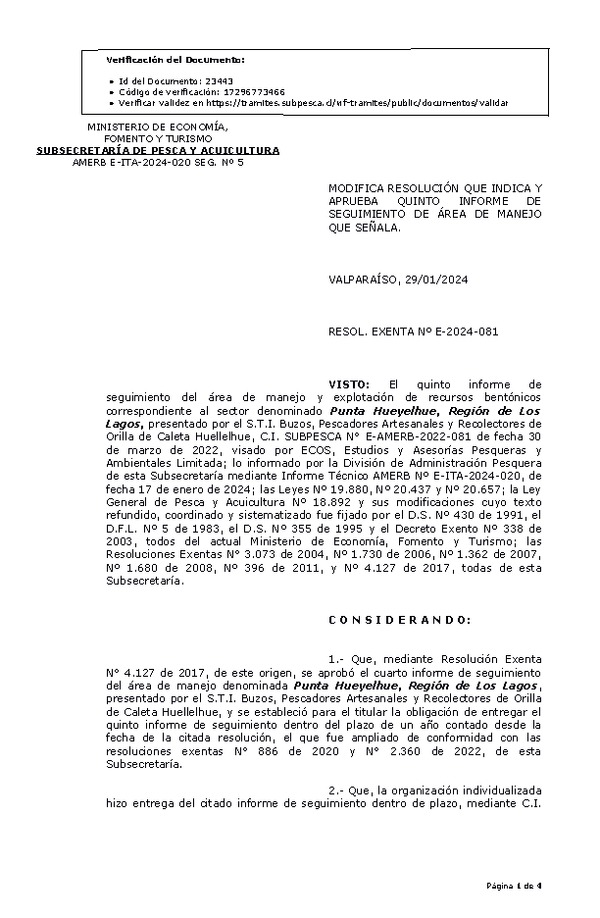 RESOL. EXENTA Nº E-2024-081 Modifica resolución que indica, Aprueba 5° Seguimiento. (Publicado en Página Web 29-01-2024)