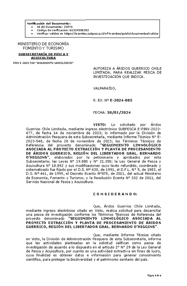 R. EX. Nº E-2024-085 AUTORIZA A ÁRIDOS GUERRICO CHILE LIMITADA, PARA REALIZAR PESCA DE INVESTIGACIÓN QUE INDICA. (Publicado en Página Web 01-02-2024)