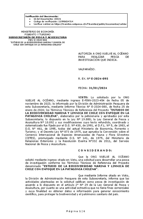 R. EX. Nº E-2024-095 AUTORIZA A ONG VUELVE AL OCÉANO PARA REALIZAR PESCA DE INVESTIGACIÓN QUE INDICA. (Publicado en Página Web 01-02-2024)