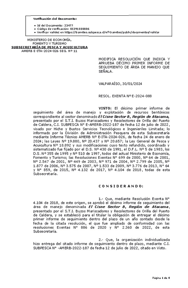 RESOL. EXENTA Nº E-2024-088 Modifica resolución que indica, aprueba 11° seguimiento. (Publicado en Página Web 01-02-2024)