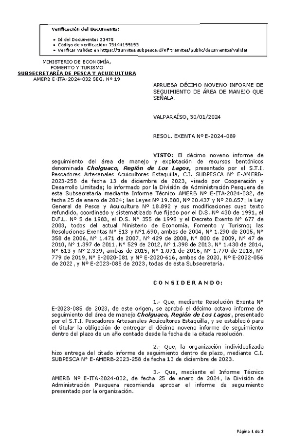 RESOL. EXENTA Nº E-2024-089 Aprueba 19° seguimiento. (Publicado en Página Web 01-02-2024)