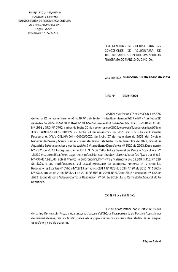 Res. Ex. N° 00251-2024 Fija densidad de cultivo para las concesiones de acuicultura de titularidad de Camanchaca SpA. Aprueba Programa de Manejo que Indica. (Con informe técnico) (Publicado en Página Web 01-02-2024)