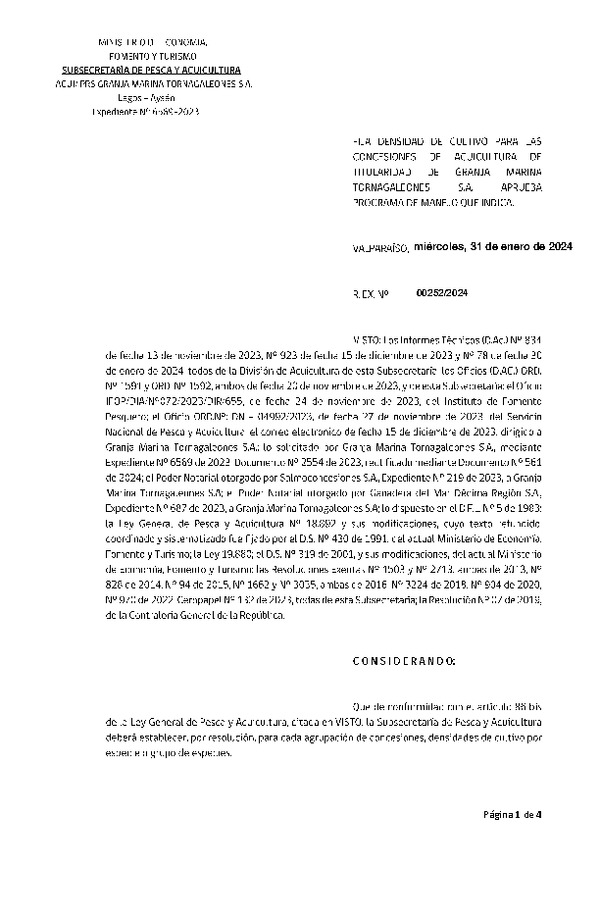 Res. Ex. N° 00252-2024 Fija densidad de cultivo para las concesiones de acuicultura de titularidad de Granja Marina Tornagaleones S.A. Aprueba Programa de Manejo que Indica. (Con informe técnico) (Publicado en Página Web 01-02-2024)