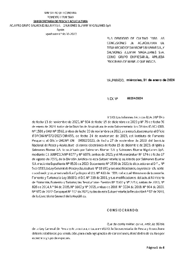 Res. Ex. N° 00254-2024 Fija densidad de cultivo para las concesiones de acuicultura de titularidad de Salmones Blumar S.A.y Salmones Blumar Magallanes SpA., como grupo empresarial. Aprueba Programa de Manejo que Indica. (Con informe técnico) (Publicado en Página Web 01-02-2024)