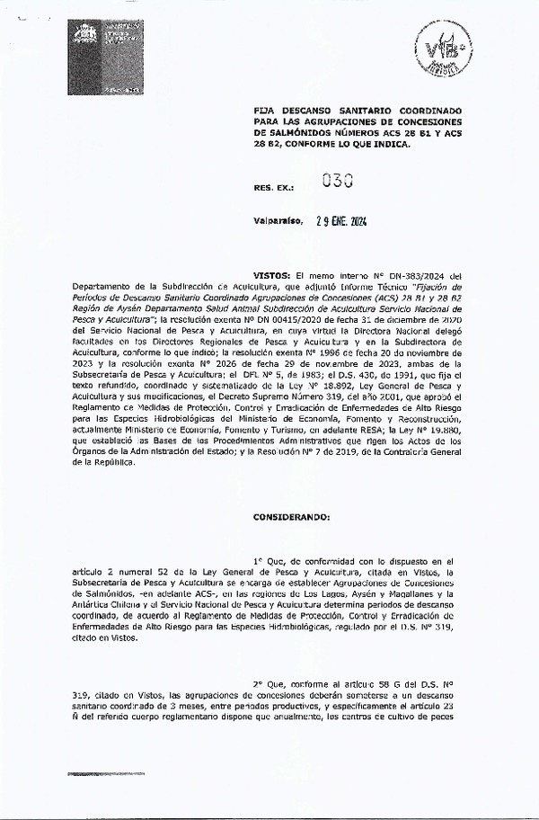 Res. Ex. N° 030-2024 (Sernapesca) Fija Descanso Sanitario Coordinado para Las Agrupaciones de Concesiones de Salmónidos Números ACS 28 B1 y ACS 28 B2, Conforme lo que Indica. (Publicado en Página Web 01-02-2024)