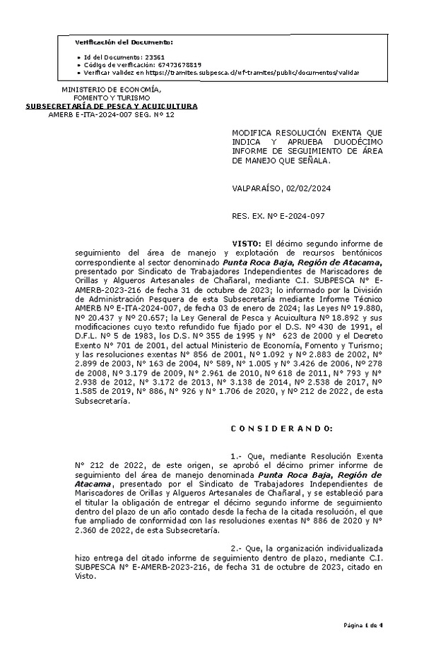 RES. EX. Nº E-2024-097 Modifica resolución que indica, Aprueba 12° seguimiento. (Publicado en Página Web 02-02-2024)