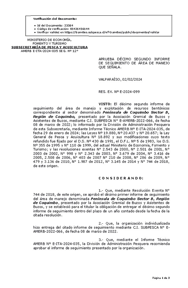 RES. EX. Nº E-2024-099 Aprueba 12° seguimiento. (Publicado en Página Web 02-02-2024)
