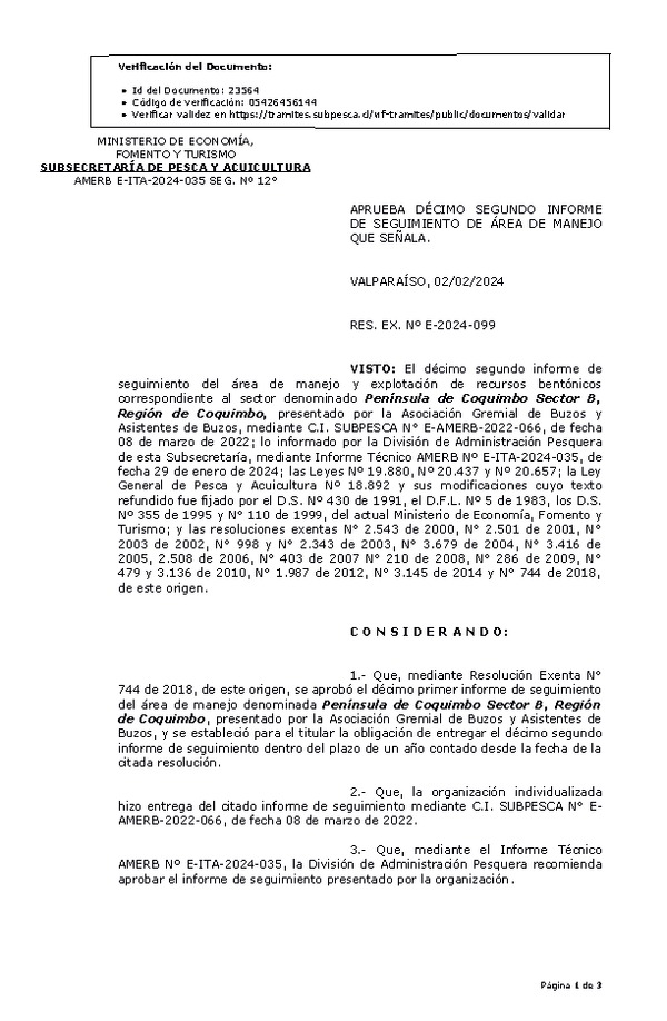 RES. EX. Nº E-2024-099 Aprueba 12° seguimiento. (Publicado en Página Web 02-02-2024)