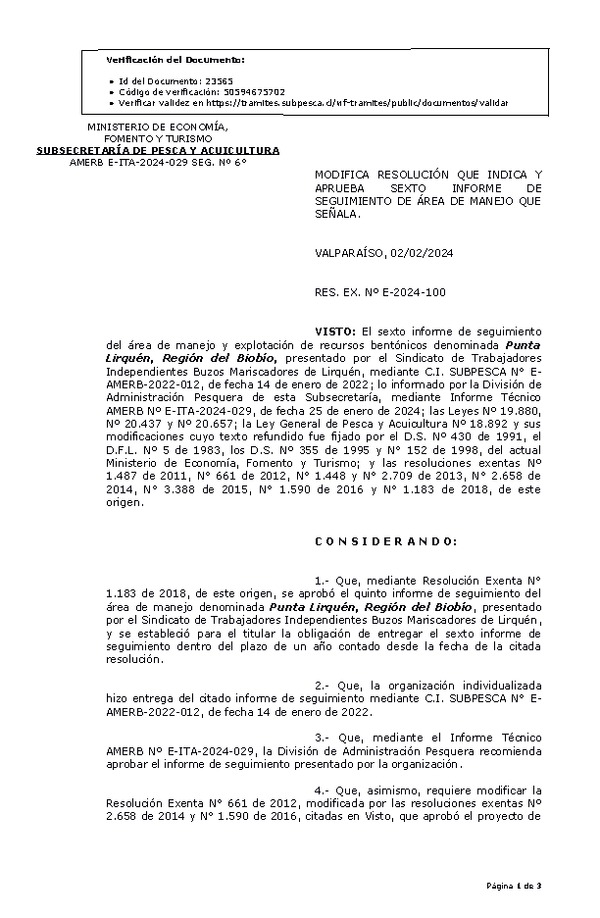 RES. EX. Nº E-2024-100 Modifica resolución que indica, Aprueba 6° seguimiento. (Publicado en Página Web 02-02-2024)