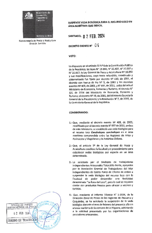 Dec. Ex. N°04-2024 Suspende Veda Biológica para el Recurso Loco, en el Área Maritima que Indica. (Publicado en Página Web 05-02-2024)Dec. Ex. N°04-2024 Suspende Veda Biológica para el Recurso Loco, en el Área Maritima que Indica. (Publicado en Página Web 05-02-2024)(F.D.O. 08-02-2024)