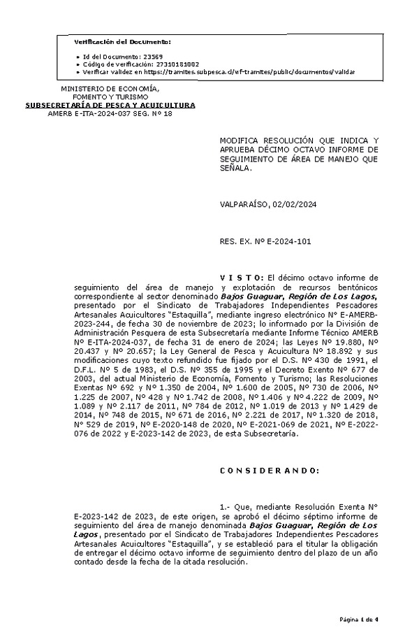 RES. EX. Nº E-2024-101 Modifica Resolución que Indica y Aprueba 18° Informe de Seguimiento. (Publicado en Página Web 06-02-2024)