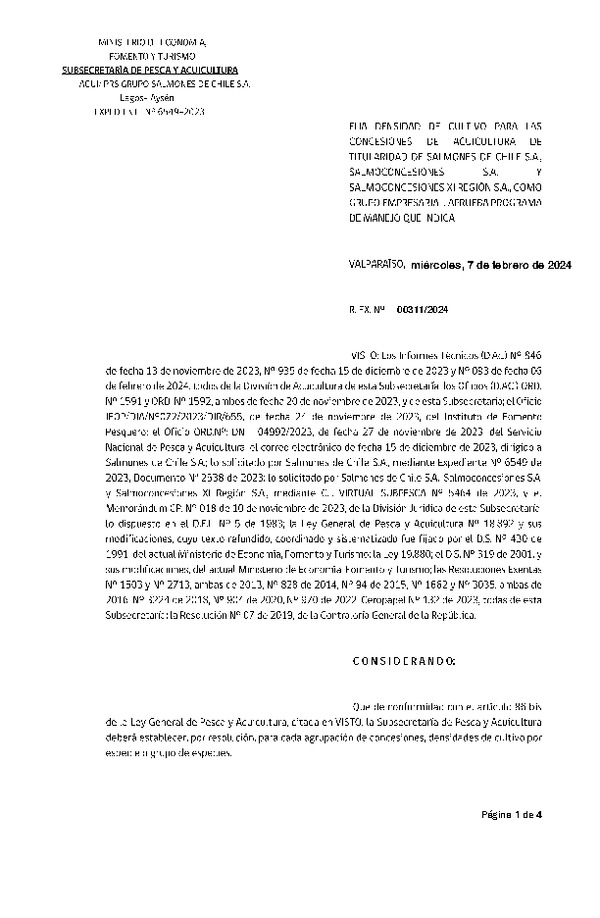 Res. Ex. N° 00311-2024 Fija densidad de cultivo para las concesiones de acuicultura de titularidad de Salmones de Chile S.A., Salmoconcesiones S.A. y Salmoconcesiones XI Región S.A. como grupo empresarial. Aprueba programa de manejo que indica. (Con informe Técnico) (Publicado en Página Web 07-02-2024)