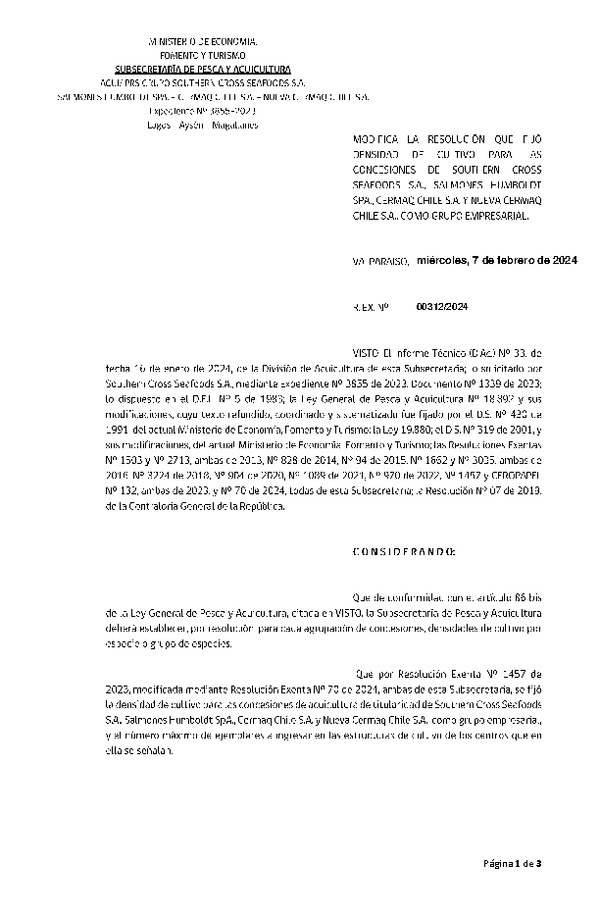 Res. Ex. N° 00312-2024 Modifica Res. Ex. N° 1457-2023 Fija densidad de cultivo para las concesiones de acuicultura de Southern Cross Seafoods S.A., Salmones Humboldt SpA., Cermaq Chile S.A. y Nueva Cermaq Chile S.A., como Grupo Empresarial. (Con informe técnico) (Publicado en Página Web 07-02-2024)