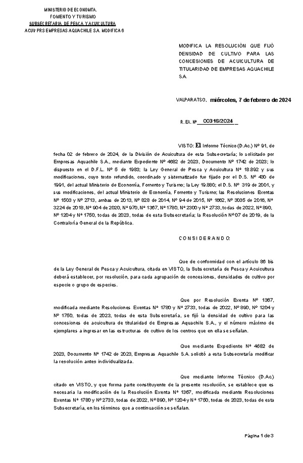 Res. Ex. N° 00316-2024 Modifica Res. Ex. N°1367-2022 Fija densidad de cultivo para las concesiones de Acuicultura de titularidad de Empresas Aquachile S.A., Aprueba programa de manejo que indica. (Publicado en Página Web 08-02-2024)