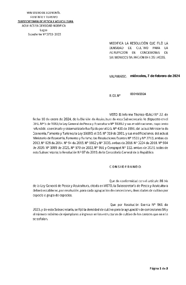 Res. Ex N° 000318 de 2024, Modifica la Resolución que fijó la Densidad de Cultivo para la agrupación de Concesiones de Salmónidos 9A, Región de Los Lagos. (Publicado en Página Web 08-02-2024).