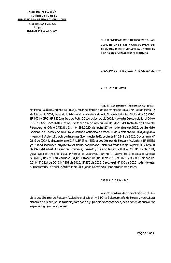 Res. Ex. N° 00319 de 2024 Fija densidad de cultivo para las concesiones de acuicultura de titularidad de Invermar S.A. Aprueba programa de manejo que indica. (Con Informe Técnico) (Publicado en Página Web 08-02-2024)