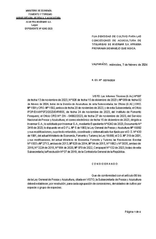 Res. Ex. N° 00319 de 2024 Fija densidad de cultivo para las concesiones de acuicultura de titularidad de Invermar S.A. Aprueba programa de manejo que indica. (Con Informe Técnico) (Publicado en Página Web 08-02-2024)