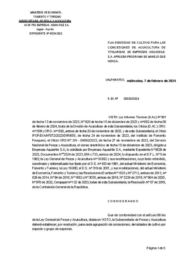 Res. Ex. N° 00320 de 2024 Fija densidad de cultivo para las concesiones de acuicultura de titularidad de Empresas Aquachile S.A., Aprueba programa de manejo que indica. (Con Informe Técnico) (Publicado en Página Web 08-02-2024)