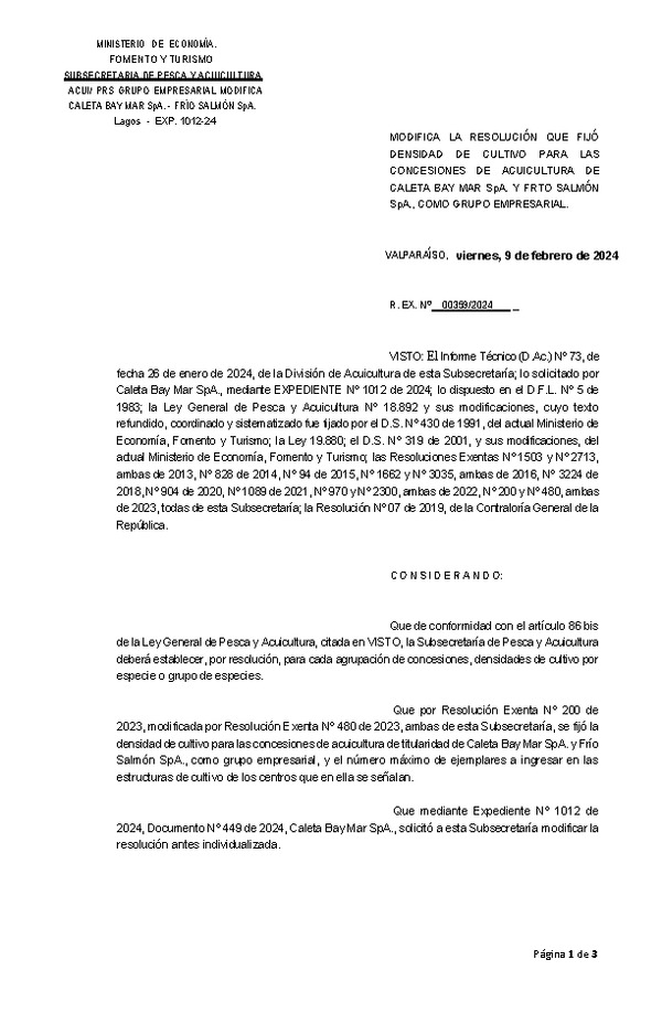 Res. Ex N° 0359-2024, Modifica la Resolución que fijó la Densidad de Cultivo para las Concesiones de Acuicultura de Caleta Bay Mar SpA. y Frío Salmón SpA., Como grupo Empresarial. (Con Informe Técnico)(Publicado en Página Web 12-02-2024).