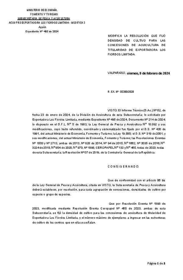 Res. Ex. N° 00360-2024 Modifica Res. Ex. N° 1898-2023 que fijó densidad de cultivo para las concesiones de acuicultura de titularidad de exportadora Los Fiordos Limitada. (Con Informe Técnico) (Publicado en Página Web 12-02-2024)