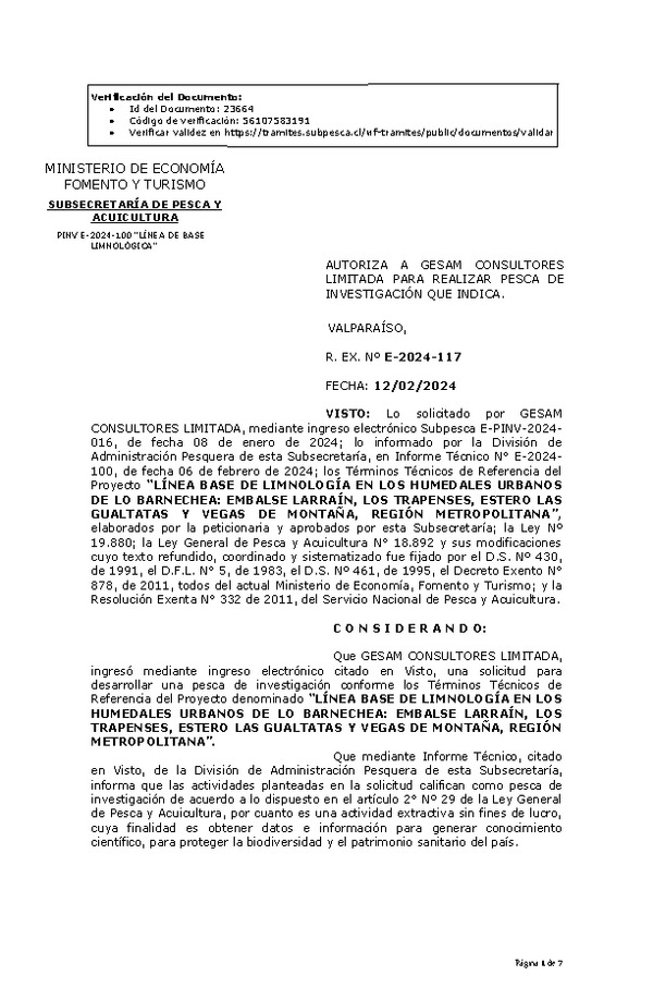 R. EX. Nº E-2024-117 AUTORIZA A GESAM CONSULTORES LIMITADA PARA REALIZAR PESCA DE INVESTIGACIÓN QUE INDICA. (Publicado en Página Web 12-02-2024)