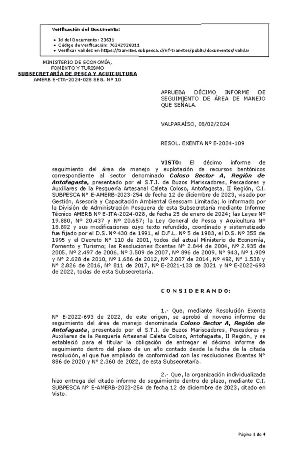 RES. EX. Nº E-2024-109 Aprueba 10° seguimiento. (Publicado en Página Web 12-02-2024)