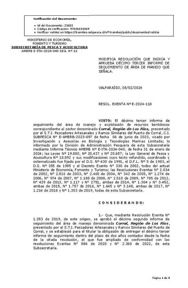 RESOL. EXENTA Nº E-2024-110 MODIFICA RESOLUCIÓN QUE INDICA Y APRUEBA 13º SEGUIMIENTO. (Publicado en Página Web 12-02-2024).