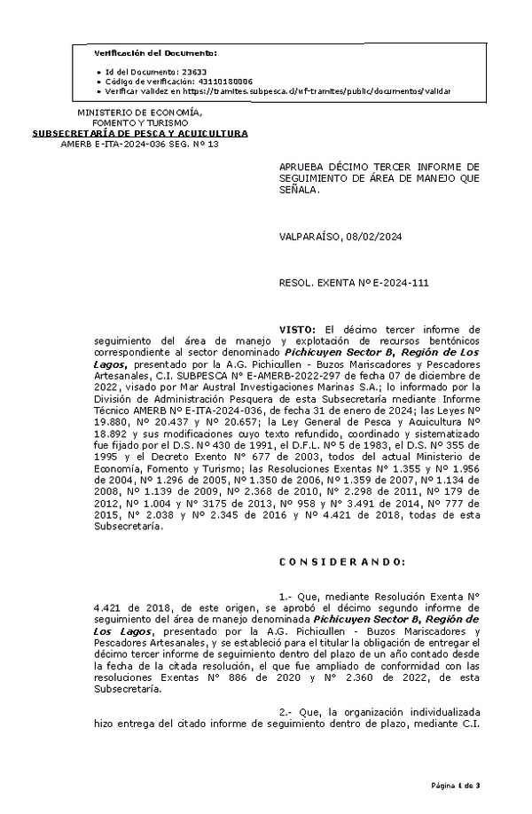 RESOL. EXENTA Nº E-2024-111 Aprueba 13° seguimiento. (Publicado en Página Web 12-02-2024)