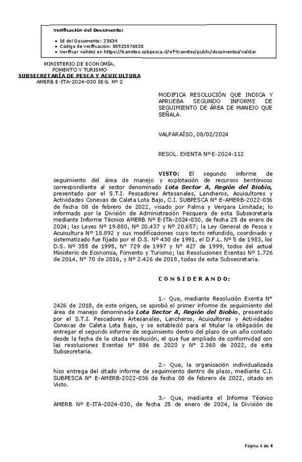 RESOL. EXENTA Nº E-2024-112 MODIFICA RESOLUCIÓN QUE INDICA Y APRUEBA 2º SEGUIMIENTO. (Publicado en Página Web 12-02-2024).