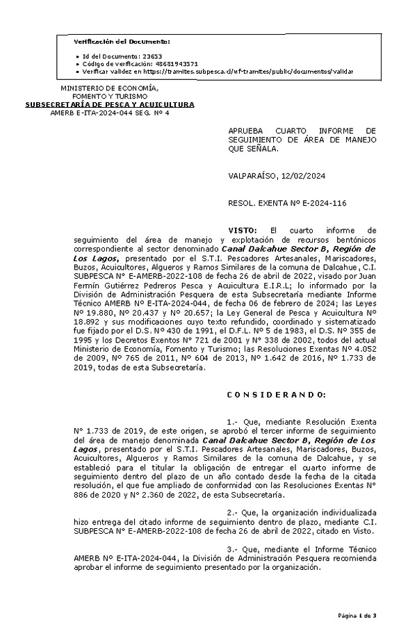 RESOL. EXENTA Nº E-2024-116 Aprueba 4° seguimiento. (Publicado en Página Web 12-02-2024)