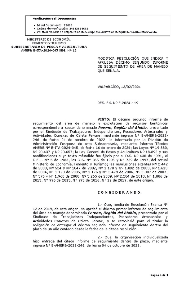 RESOL. EXENTA Nº E-2024-119 MODIFICA RESOLUCIÓN QUE INDICA Y APRUEBA 12º SEGUIMIENTO. (Publicado en Página Web 12-02-2024).