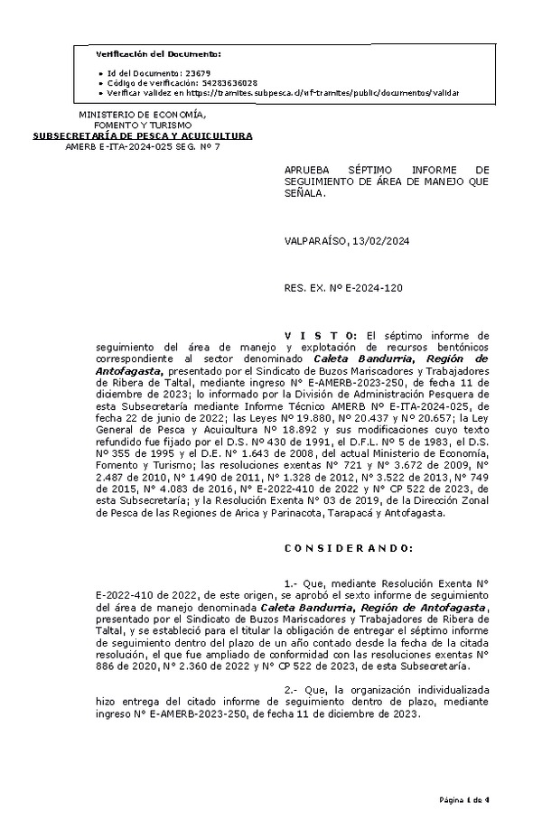 RESOL. EXENTA Nº E-2024-120 Aprueba 7° seguimiento. (Publicado en Página Web 14-02-2024)