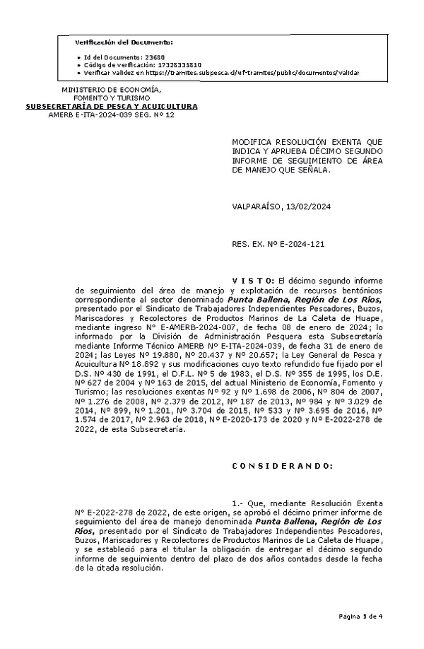 RES. EX. Nº E-2024-121 Modifica Resolución que indica y Aprueba 12° seguimiento. (Publicado en Página Web 14-02-2024)