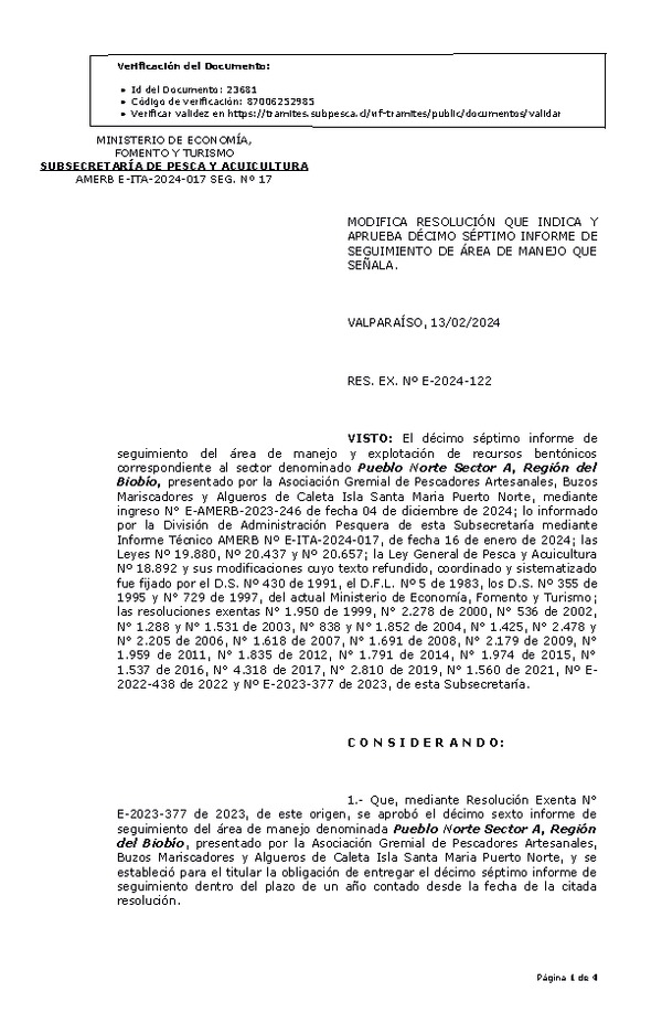 RES. EX. Nº E-2024-122 Modifica Resolución que indica y Aprueba 17° seguimiento. (Publicado en Página Web 14-02-2024)