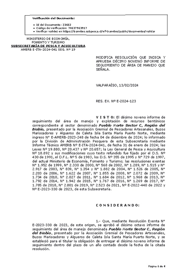 RES. EX. Nº E-2024-123 Modifica Resolución que indica y Aprueba 19° seguimiento. (Publicado en Página Web 14-02-2024)