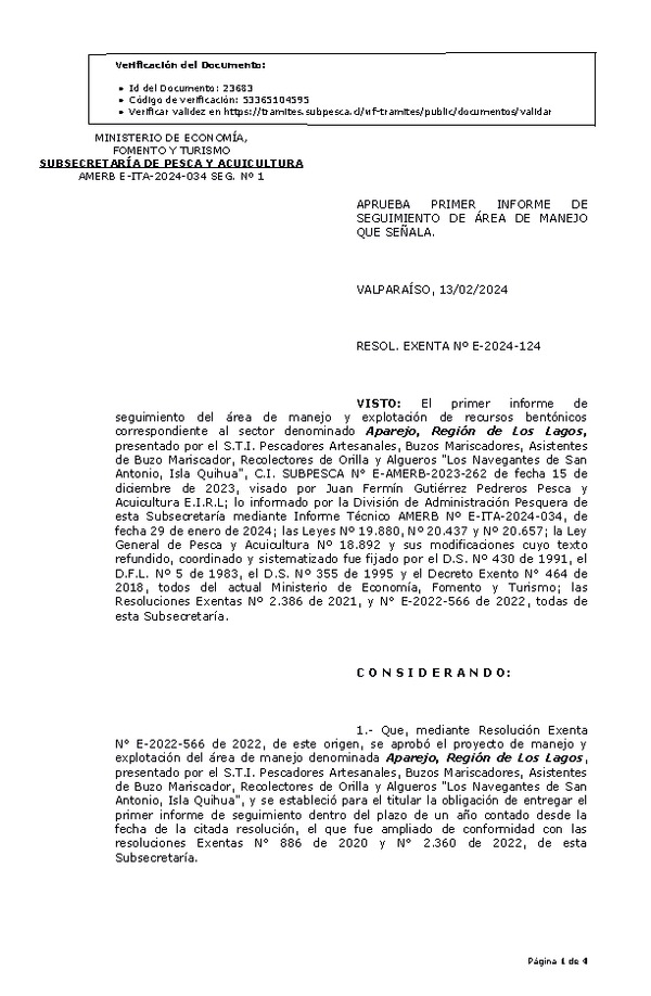 RESOL. EXENTA Nº E-2024-124 Aprueba 1° seguimiento. (Publicado en Página Web 14-02-2024)