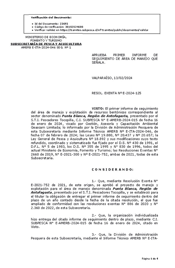 RESOL. EXENTA Nº E-2024-125 Aprueba 1° seguimiento. (Publicado en Página Web 14-02-2024)